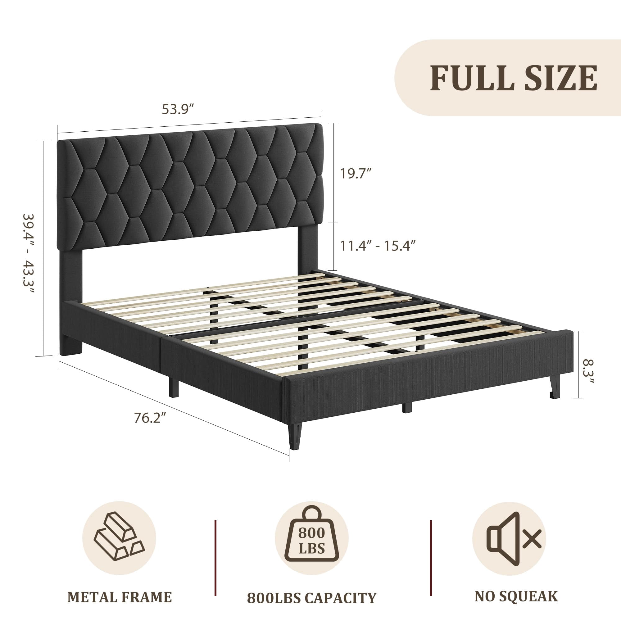 Full Size Platform Bed Frame with Adjustable Upholstered Headboard, Modern Bed Frame with Wooden Slats Support