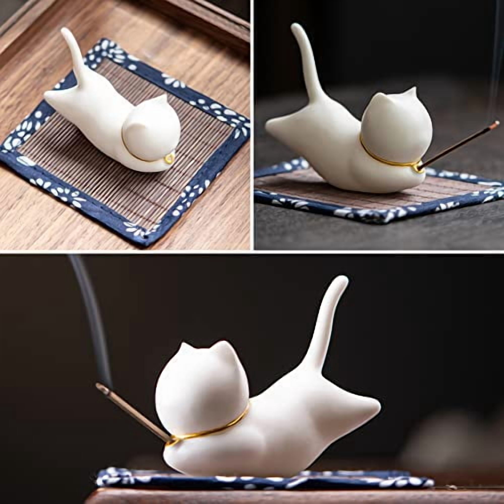 Incense Holder Handmade Ceramic Incense Burner with 30 Sandalwood Insence-Stick Holder with Bamboo Mat, Cute Cat Decor Incense Holder for Sticks for Aromatherapy/Yoga/Meditation/Ho