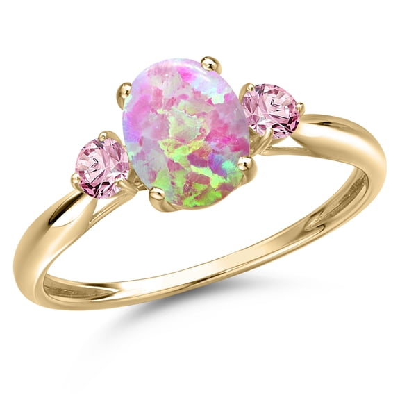 Gem Stone King 10K Yellow Gold Simulated Pink Opal and Pink Lab Grown Diamond 3-Stone Ring for Women | 1.31 Cttw | Oval Cabochon 8X6MM | Gemstone October Birthstone | Size 9