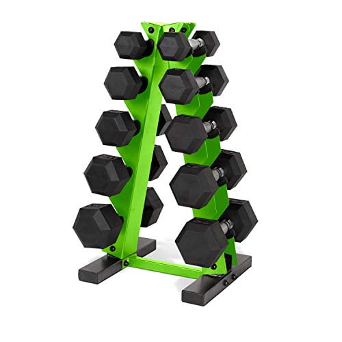 CAP Barbell 150 LB Coated Hex Dumbbell Weight Set with Vertical Rack, Green, New Edition