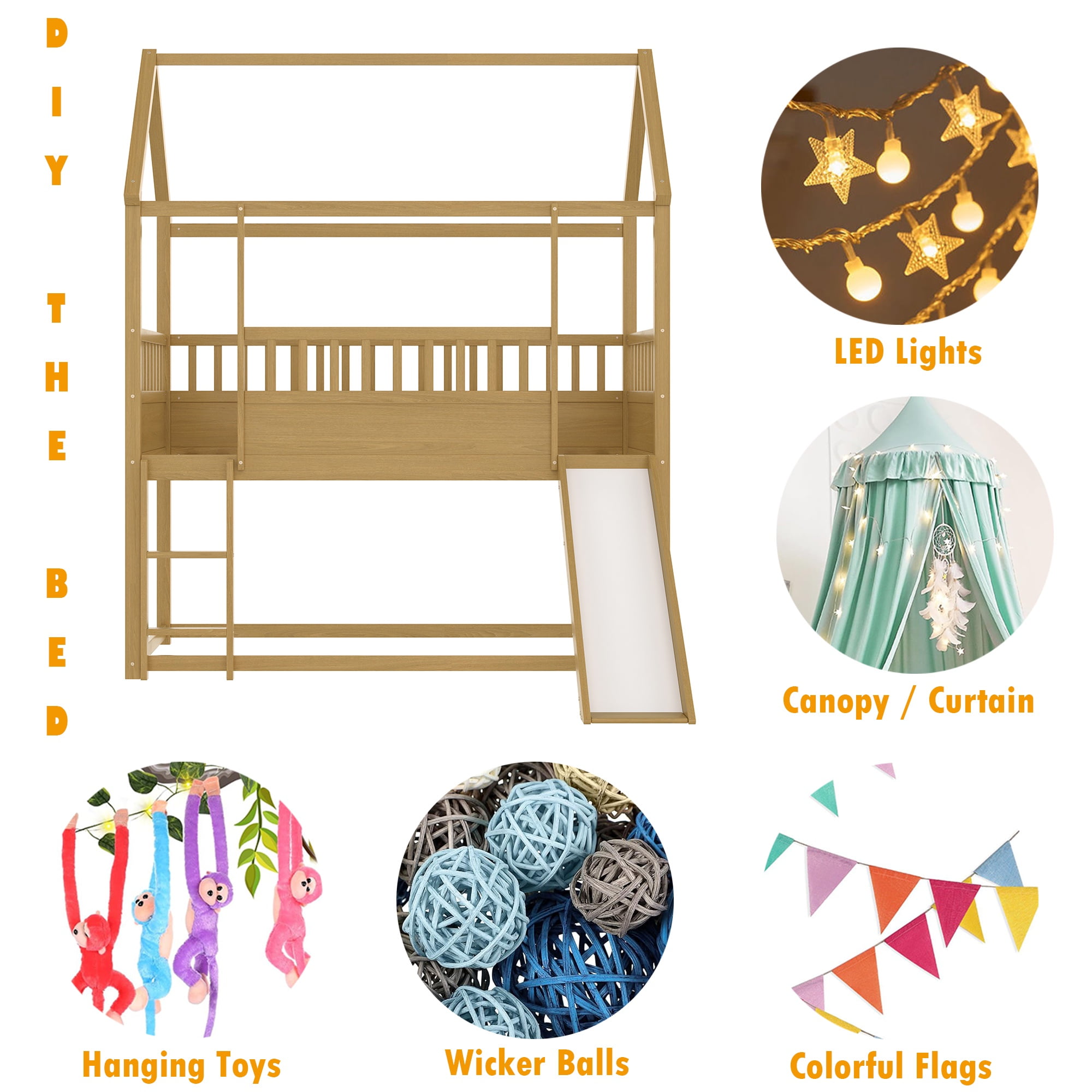 Bellemave House Bunk Bed with Convertible Slide and Ladder Twin over Twin Low Bunk Bed Frame Floor Bunk Bed with High Guardrails for Kids, Boys, Girls (Natural)