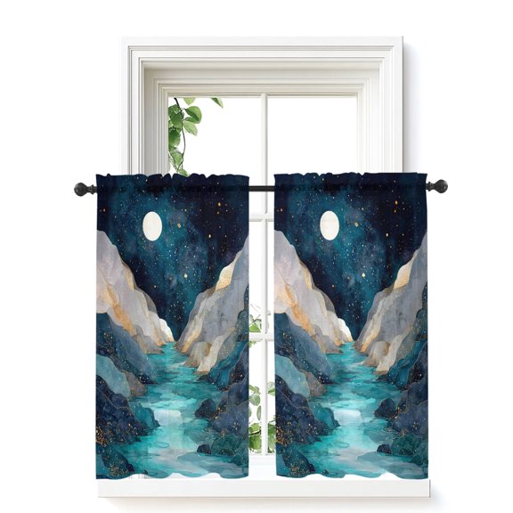 Teal Blue Geometric Tier Curtains 45 Inch Length,Sheer Curtains for Bedroom Living Room Window Abstract Sky Stars Moon Mountains Short Kitchen Curtains Drapes for Small Half Window 27.5"x45" 2 Panels