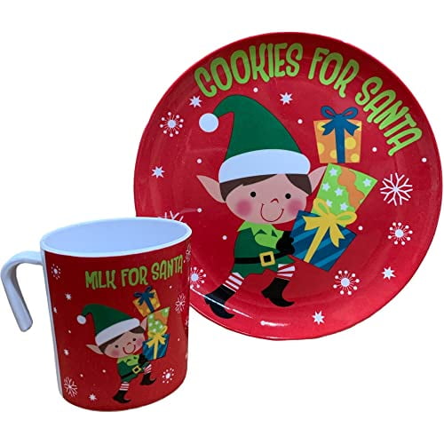 Cookies for Santa Plate and Mug Set Santa Elf Reindeer Melamine Wares