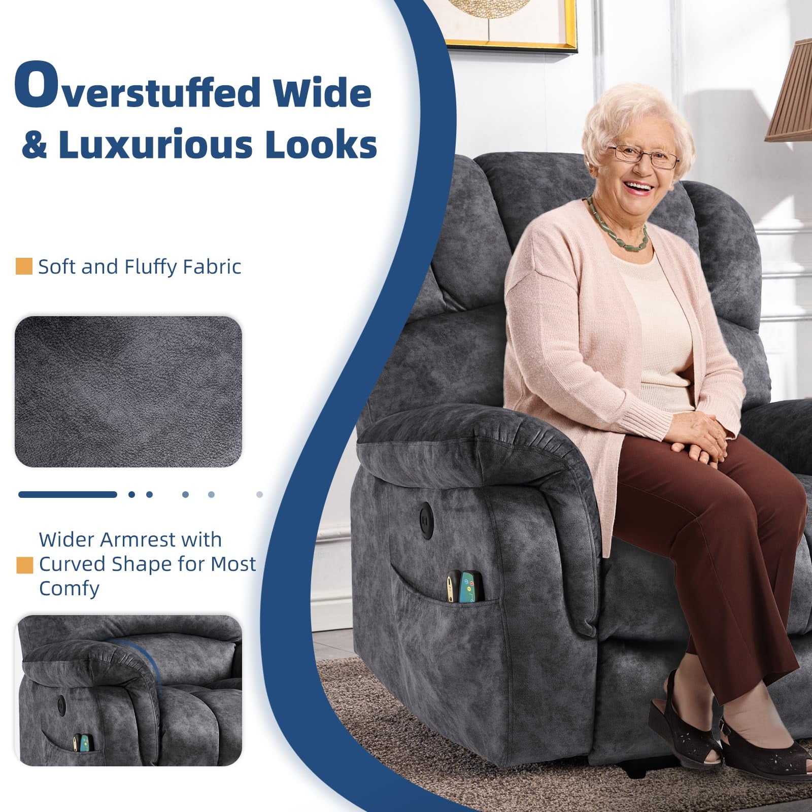 SOCIALCOMFY Large Electric Power Lift Recliner Chair with Extended Footrest for Elderly Big Man, Overstuffed Heated Massage Wide Reclining Sofa with 2 Remote Controls, Side Pockets & USB Ports, Gray