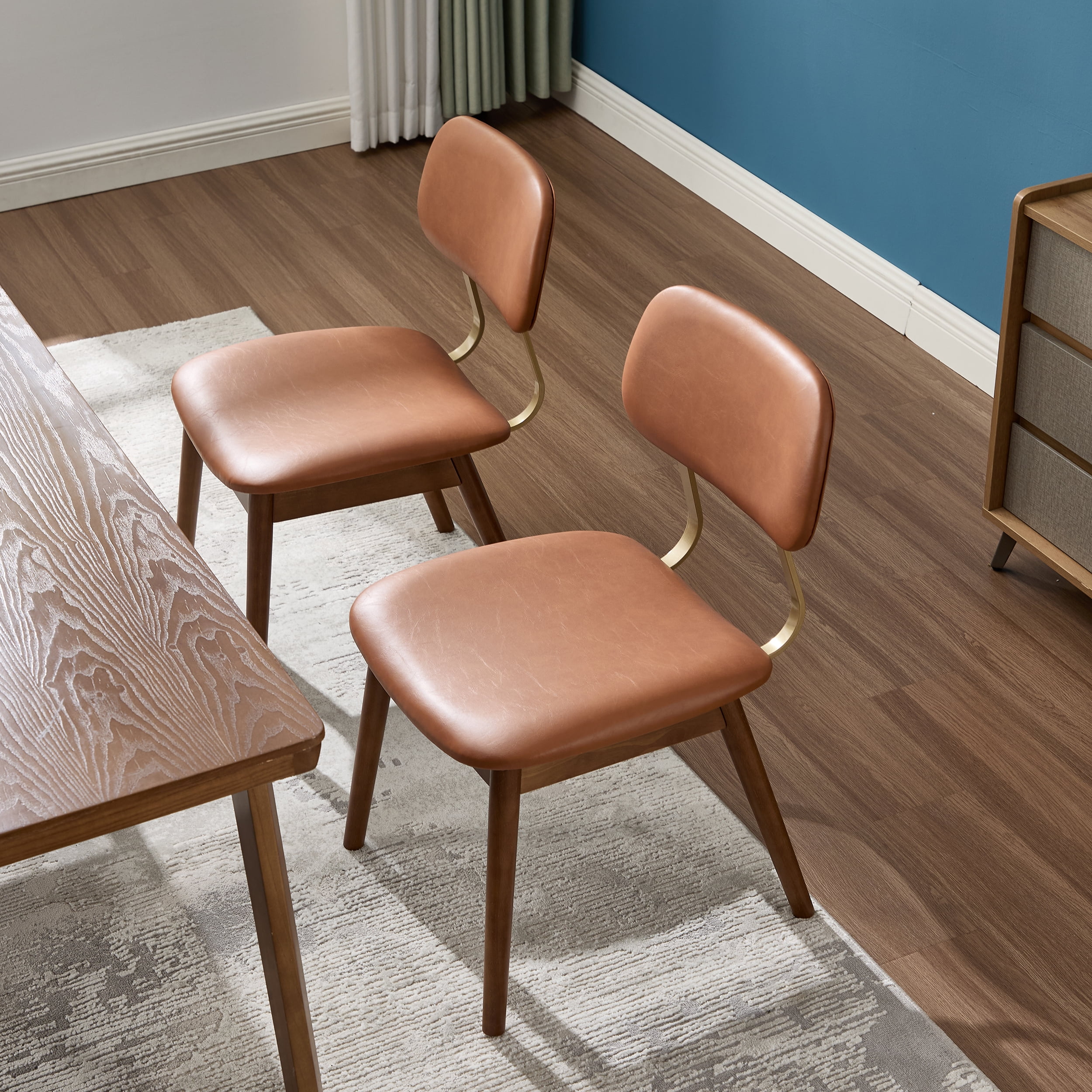 Garitin Dining Chair Set of 2 and Wooden Side Chairs, Vinyl Upholstered Seating with Curved Backrest for Kitchen and Dining Room, Brown