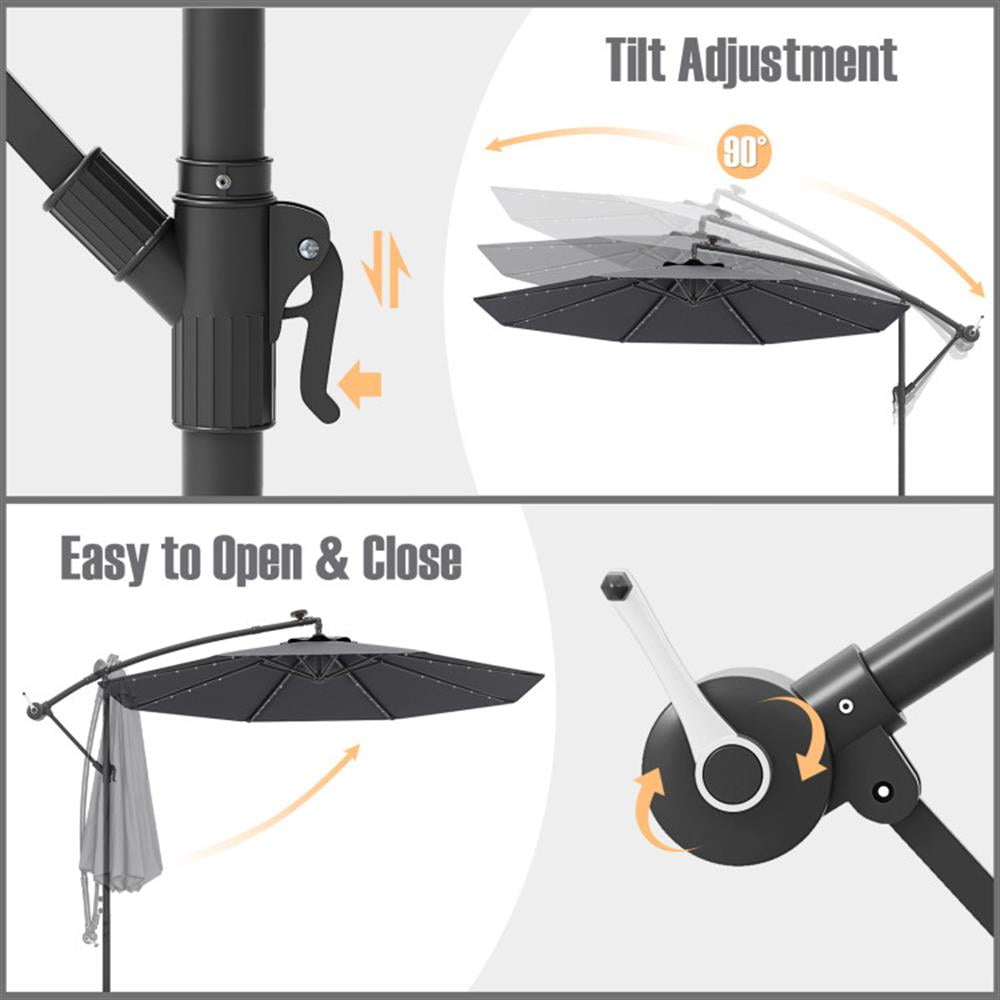 Resenkos Outdoor Garden Umbrella,Market Umbrella,10 Ft Patio Umbrella Offset Cantilever Umbrella with 40 Solar Powered Lights-Gray