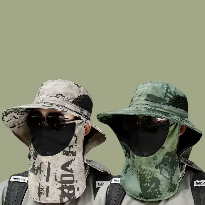 2-Pack Men s Camouflage Bucket Hats with Detachable Face Mask Wide Brim Sun Hat Breathable Mesh Fishing Hat for Hunting Hiking Camping Outdoor Activities