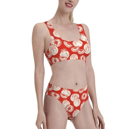 Uemuo Tomatoes Printed Women s High Waisted Bikini Sets Sporty Two Piece Swimsuits Color Block Cheeky High Cut Bathing Suits-XX-Large