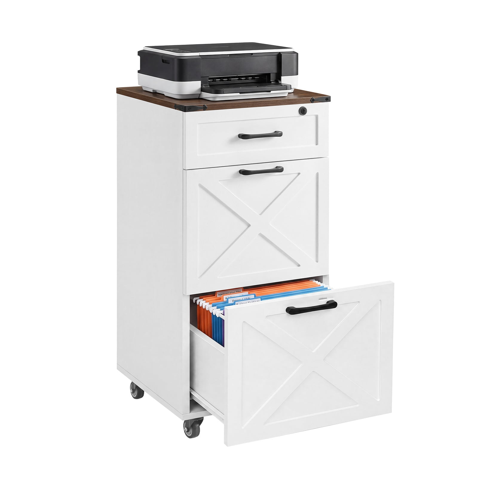 Hommoo Rustic Farmhouse 3-Drawer Rolling File Cabinet with Locking Top Drawer, Compact Mobile Printer Stand & A4/Letter File Organizer for Home Office, White
