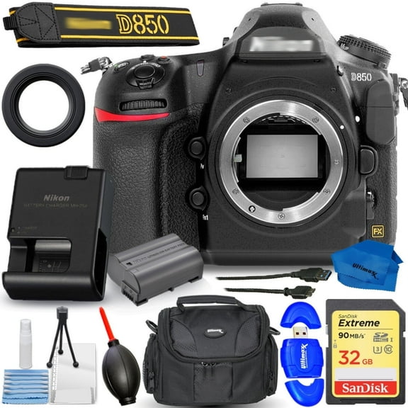 Nikon D850 Digital SLR Camera (Body Only) with SanDisk 32GB, Medium Gadget/Case, Cleaning Kit & More (7PC Accessory Bundle)