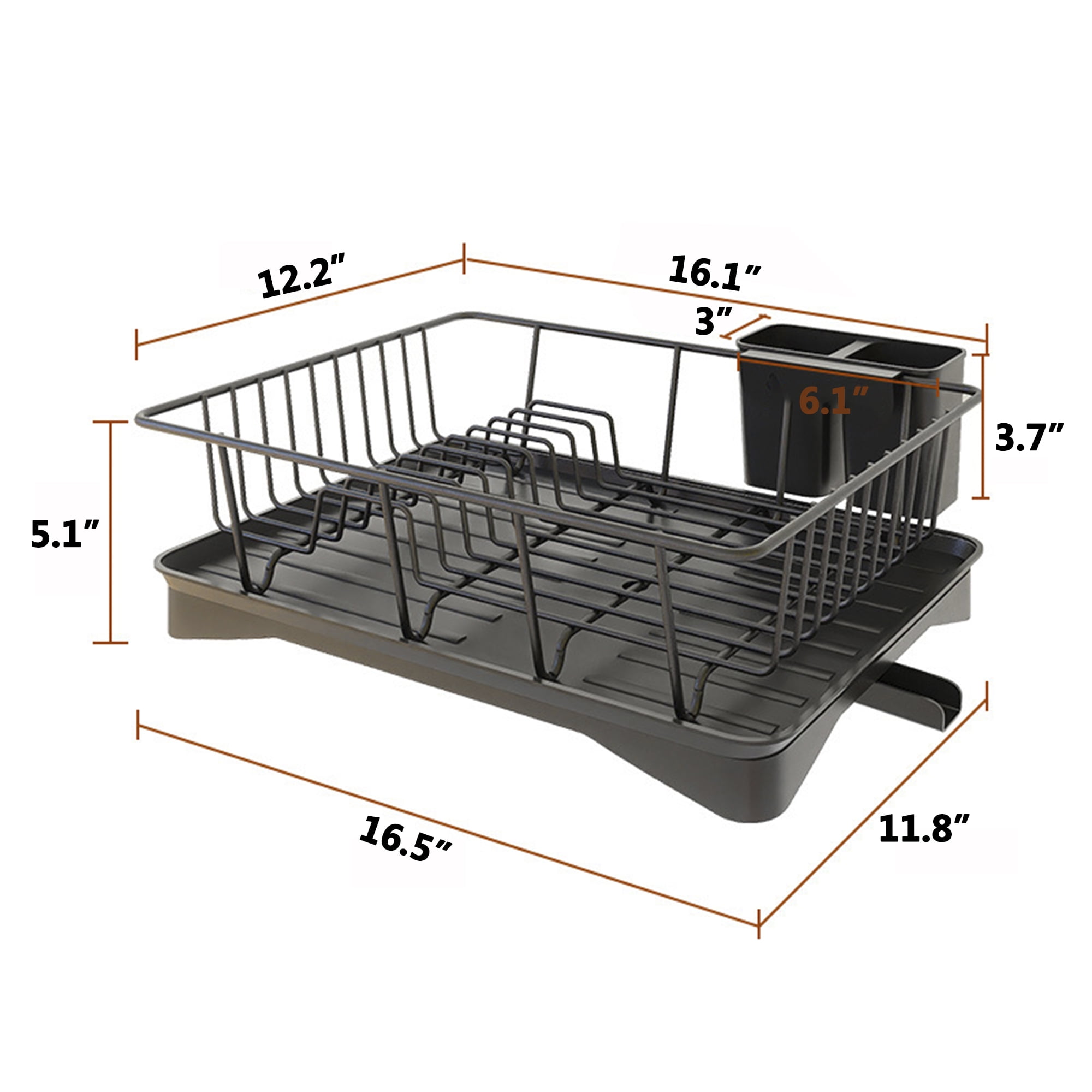 HUFTGOLD Kitchen Counter Dish Drying Rack with Detachable Cutlery Holder, Compact Kitchen Sink Organizer for Plates, Bowls & Cups, Black
