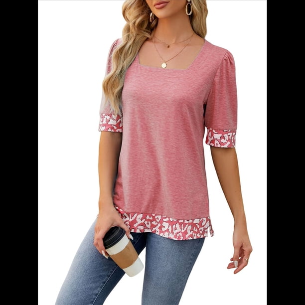Camiseta de Verano para Mujer, Estilo Casual, de Corta y Cuello Cuadrado, Holgada, con Estampado de Vaca y Bloques de Color. Rosa L