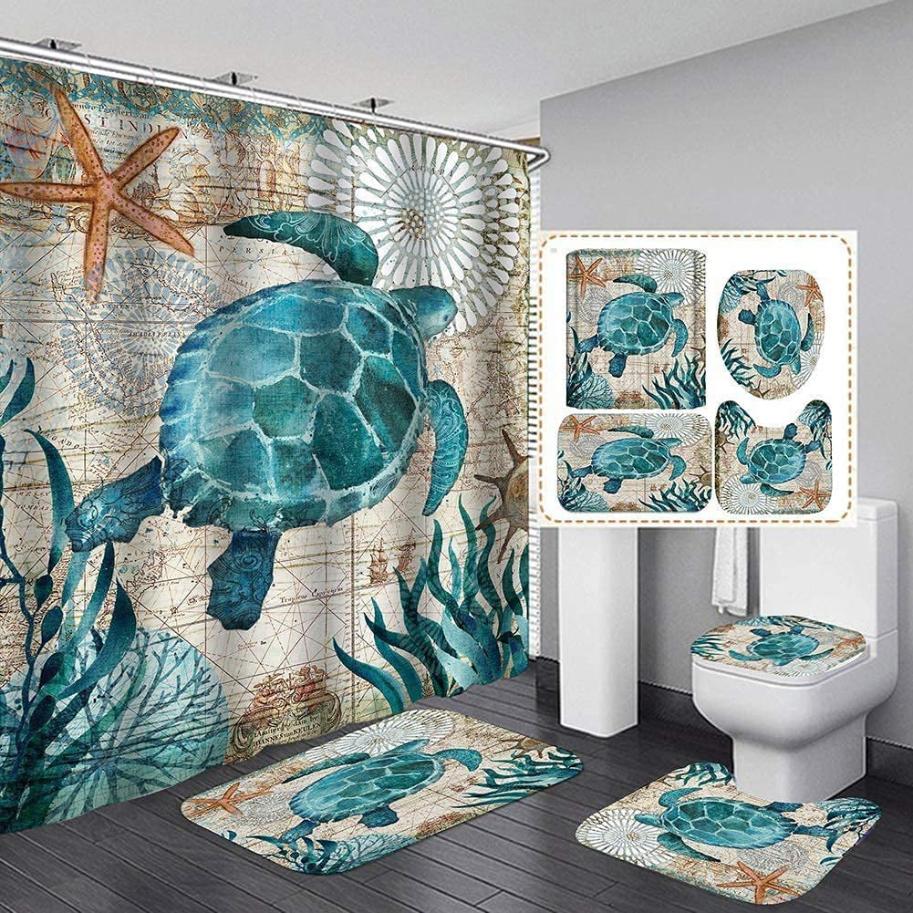 Sea Turtle Nautical Shower Curtain Sets, Coastal Shower Curtain Sets