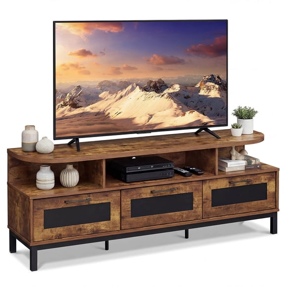 Costway TV Stand for TVs up to 75” Entertainment Center with 3 Storage Drawers Open Shelves Rustic Brown