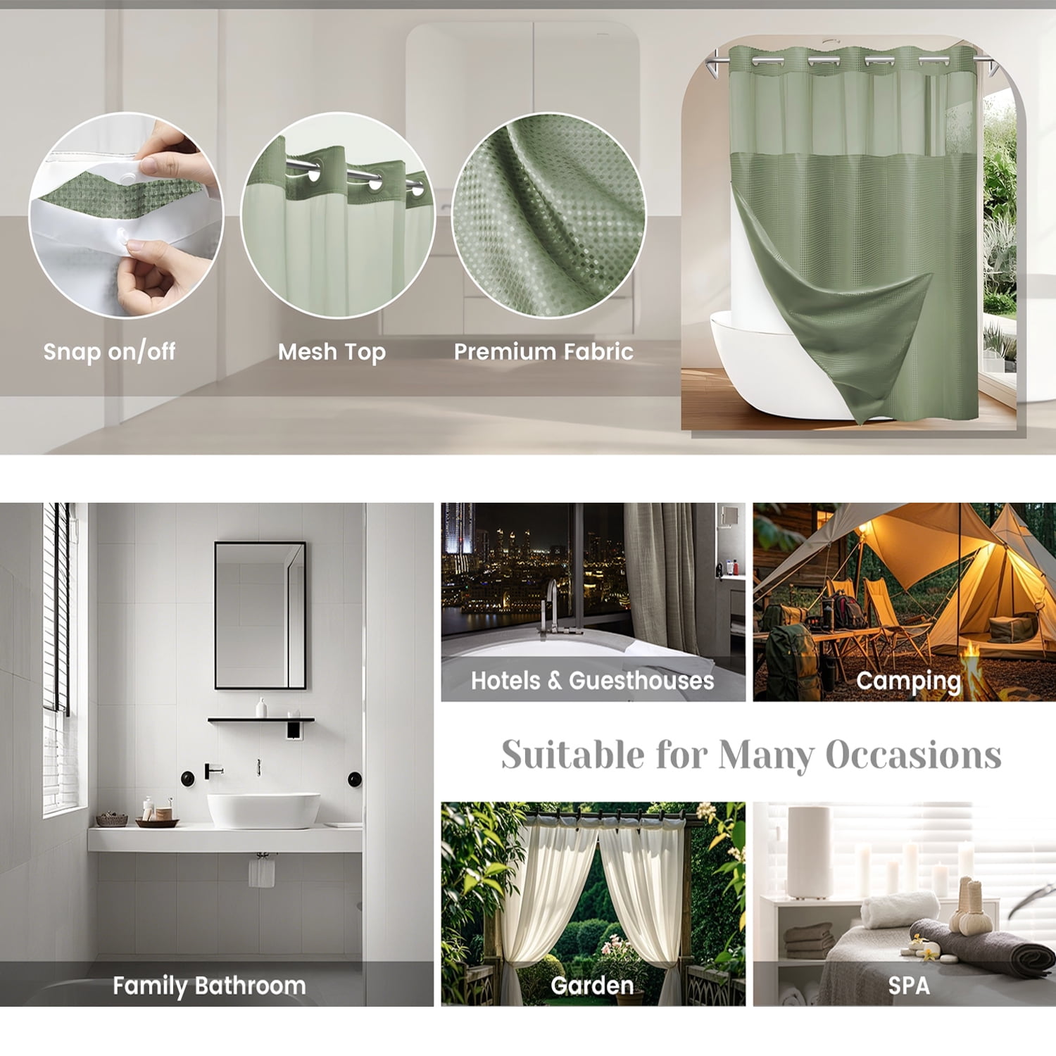 Waffle Weave Hookless Shower Curtain with Snap in Liner, DawnJoanHD Green Polyester Fabric Shower Curtains with See Through Top Window, 71" x 74"
