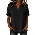 thumbnail image 3 of VBVC Women's Cotton-Linen V-Neck Blouse, Ladies' Rolled Cuff Short Sleeve Side Shirt, Button Detail Summer Tunic Top For Women,Black,S-2XL, 3 of 7