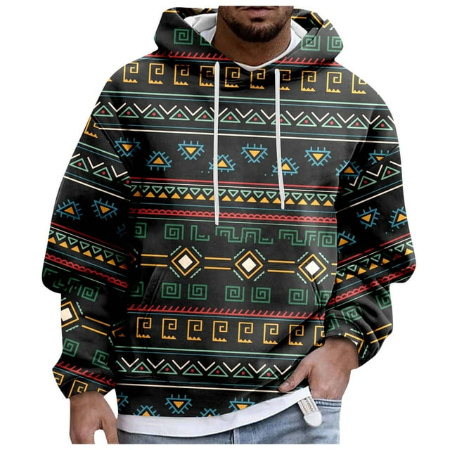 VBARHMQRT Crop Sweatshirt Men African Wind Long Sleeve Prints Warm Hoodie Pullover Tops Sweat