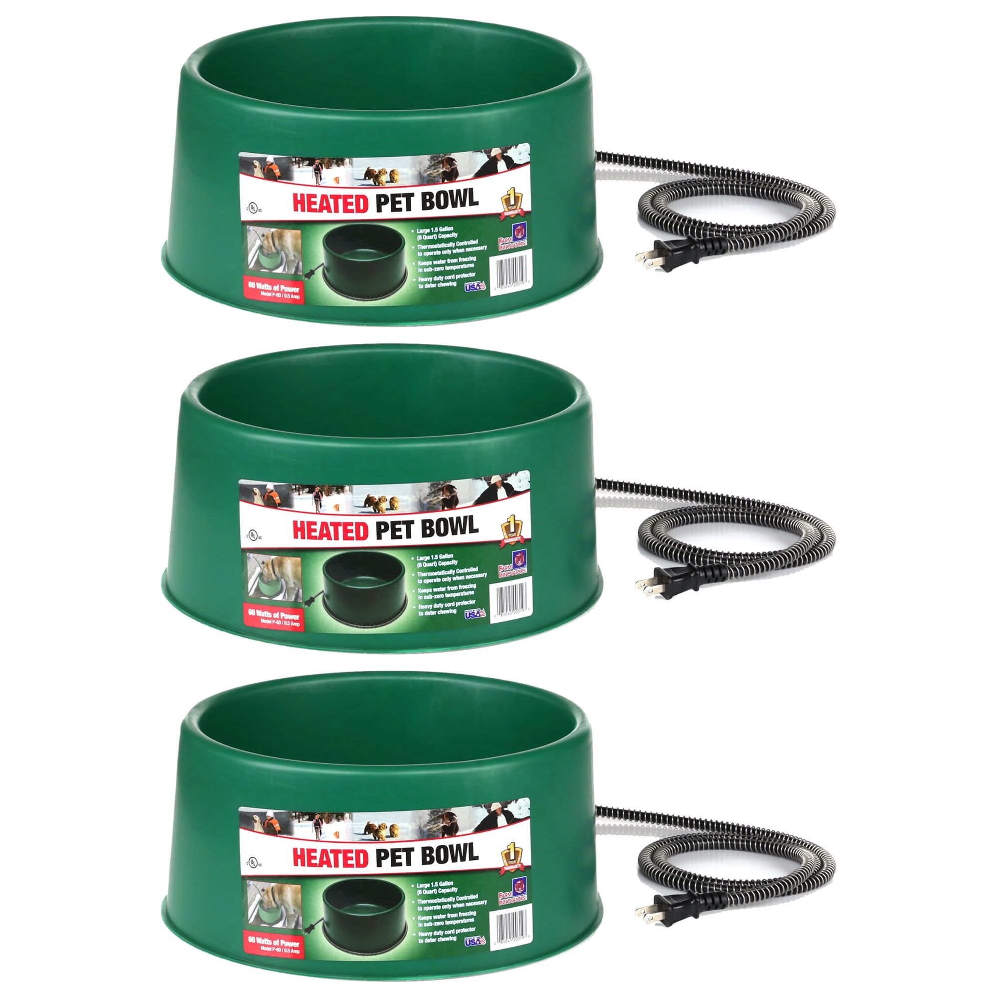 Farm Innovators 1.5 Gallon Electric Heated Pet Water Bowl, 60W, (3 Pack)