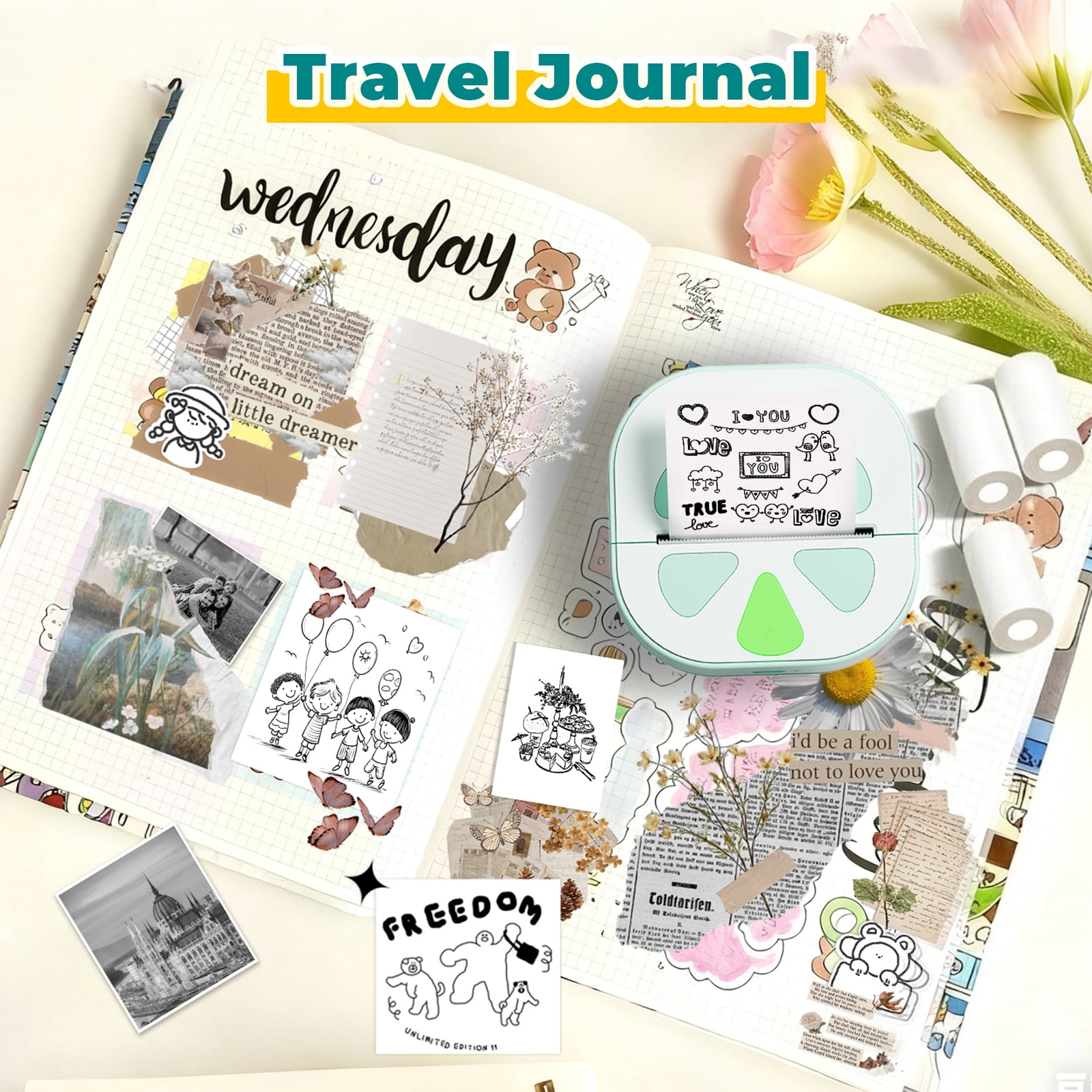 Pocket Printer for iPhone/Android, Wireless Mini Sticker Printer with 3rolls Journal Memo Photo Study, The Perfect Christmas Gift, Memo Sticker Creation, Portable Photo Printer, PINK