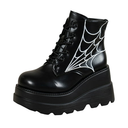 

Black Boots for Women Ladies Fashion Print Round Toe Lace Up Platform Wedge Short Boots Ankle Boots for Women PU Black