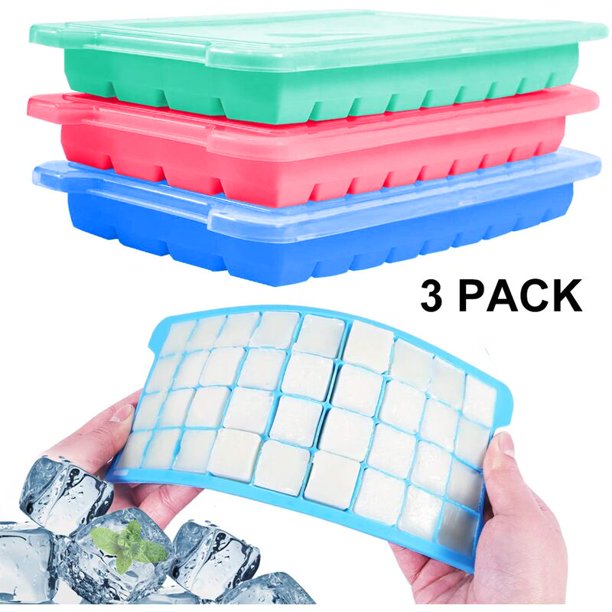 Bandejas de cubitos de hielo con tapas Paquete de 3 (rosa + azul + verde) Bandejas de cubitos de hielo de silicona flexibles de fácil liberación 36 piezas Moldes de cubitos de hielo sin BPA JAMW Sencillez