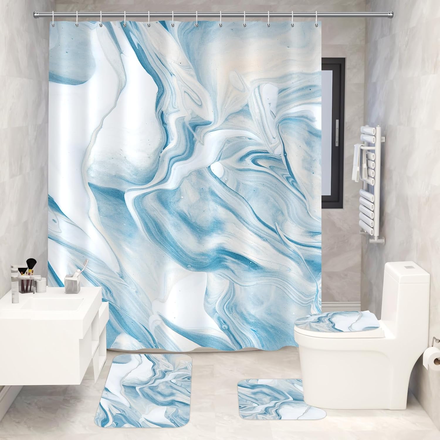4 Pieces Cartoon Bear Shower Curtain Set Kawaii Bathroom Accessories, Toilet Lid and Non-Slip Rugs,Cute Waterproof Shower Curtain Bathroom Accessories Sets Home Decor,12 Hooks,72 x 72 Inches