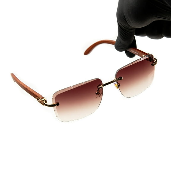 Men's Rimless Gold Frame Burgundy Gradient Tint Gem Cut Woodgrain Sunglasses​