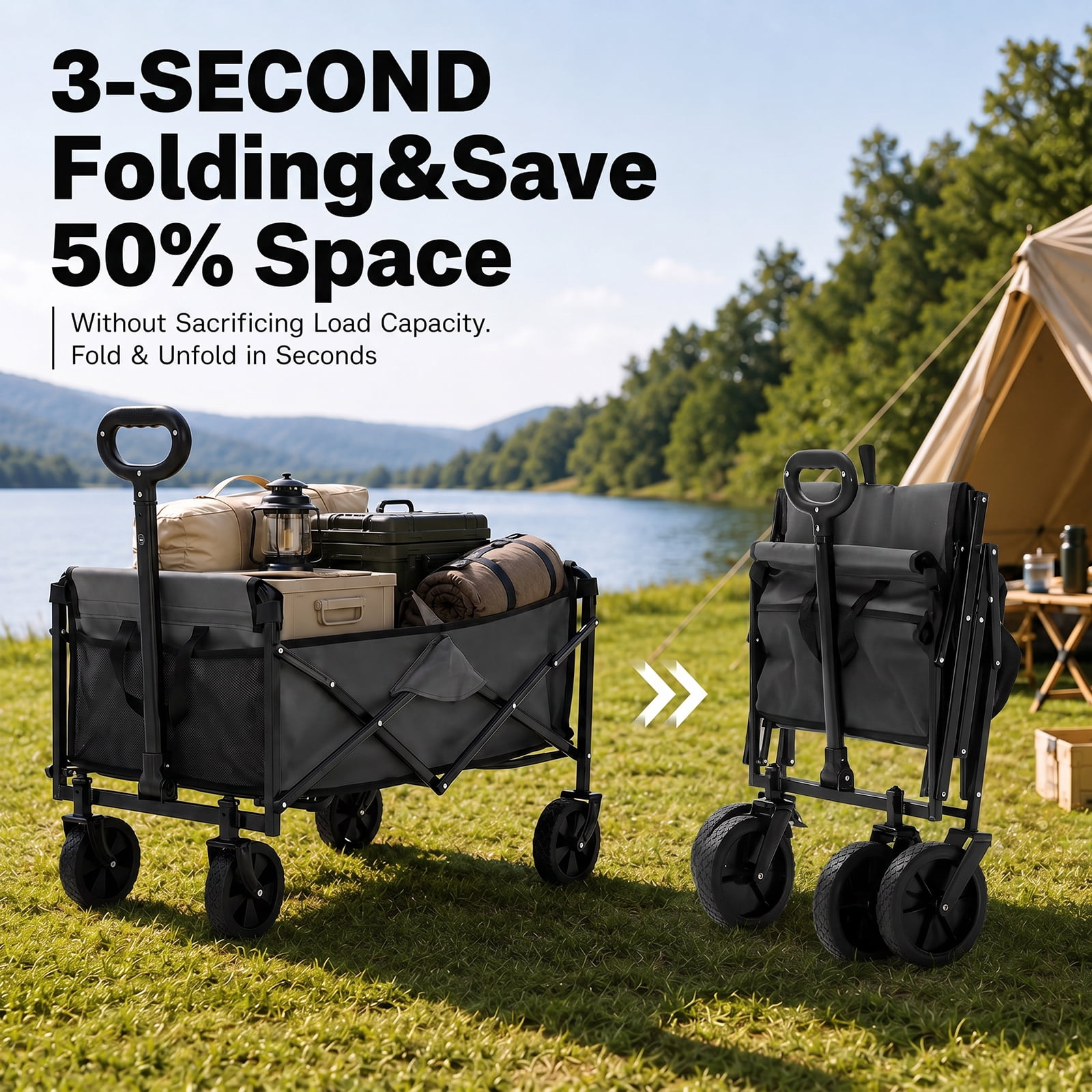Alvantor Wagons Carts Foldable, 102L 330LBS Capacity Heavy Duty Collapsible Cart with All-Terrain Wheels for Camping Beach Shopping Garden