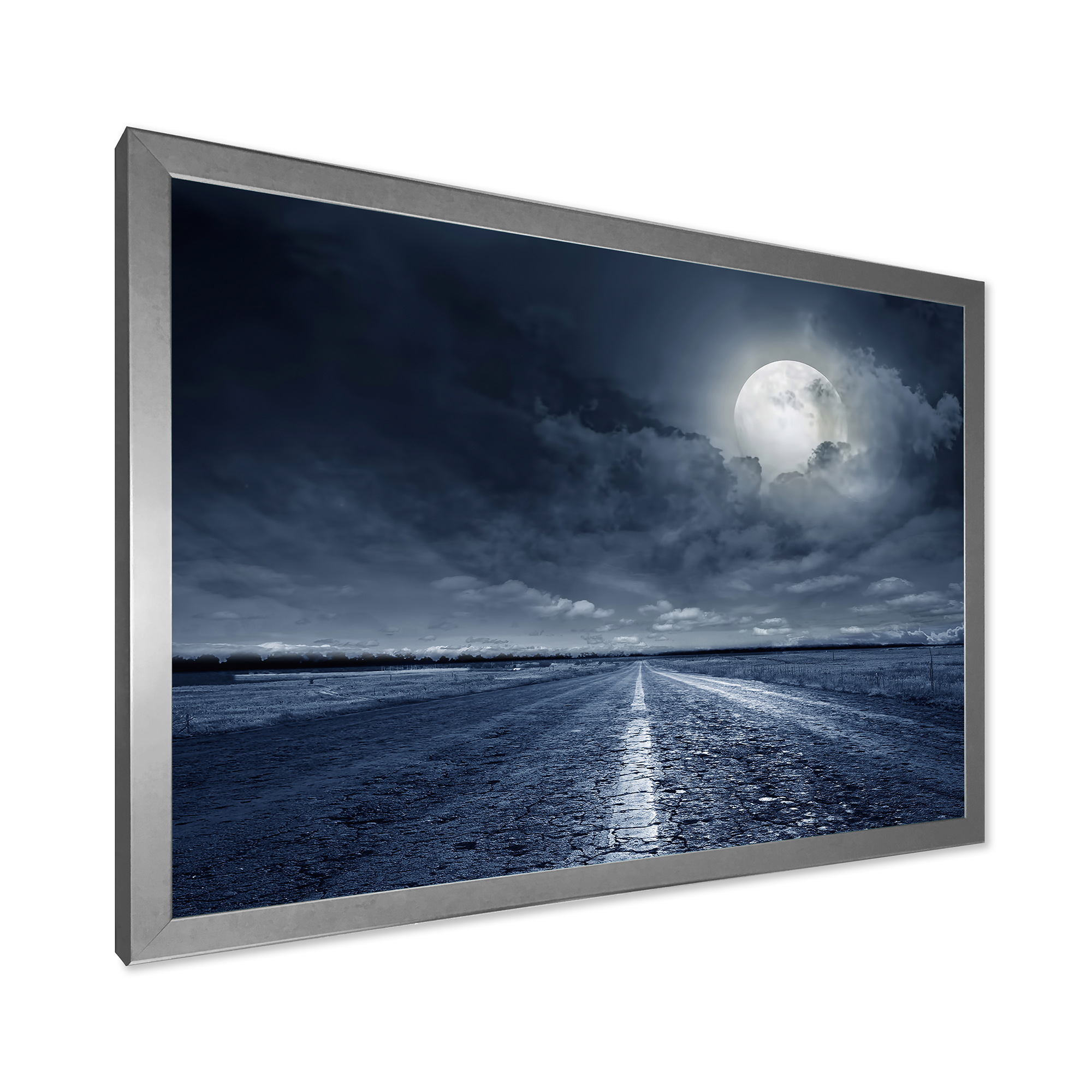Designart 'Cloudy Full Moon Over Asphalt Road I' Nautical & Coastal Framed Art Print