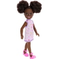 thumbnail image 4 of Barbie Chelsea Doll, Small Doll Wearing Removable Purple Floral Dress & Pink Shoes with Space Buns & Brown Eyes, 4 of 5
