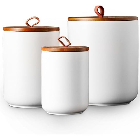 White Ceramic Food Storage Canister Set (30 oz, 48 oz, 82 oz) with Bamboo Lids, 3-Piece Airtight Jars for Flour, Sugar, Coffee, Tea, Oats, Spice – Kitchen Storage Containers with Lids