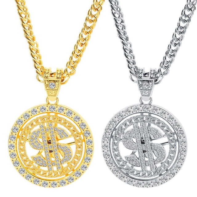 2 pares de cadenas chapadas en oro para hombre, collar de dólar de metal-Hip Hop brillar Electrónica