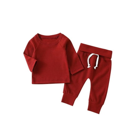 

ZIYIXIN Infant Baby Boy Girl 2Pcs Fall Winter Clothes Ribbed Long Sleeve Pullover Sweatshirt Tops+Pants Sets Burgundy 9-12 Months