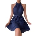 thumbnail image 3 of Women'S Tie Sleeveless Ruffle Hem Dress Patchwork Design Summer Chic Beach Party Gown Blue M, 3 of 8