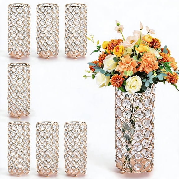 Gold Crystal Column Vase & Candle Holder Set - Cylinder Table Centerpiece Decor for Wedding & Home - 20cm Tall Floral Stand/Pillar Holders