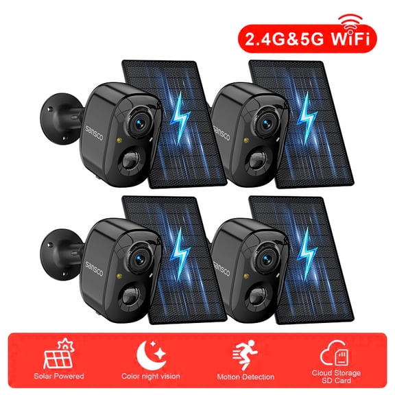 Solar Security Cameras Wireless Outdoor 4 Pack, Battery Powered 2.4Ghz&5Ghz Wi-Fi Camera With AI Human Detection, Instant Alert, Light & Siren, Color Night Vision, 2-Way Talk, Works with Alexa