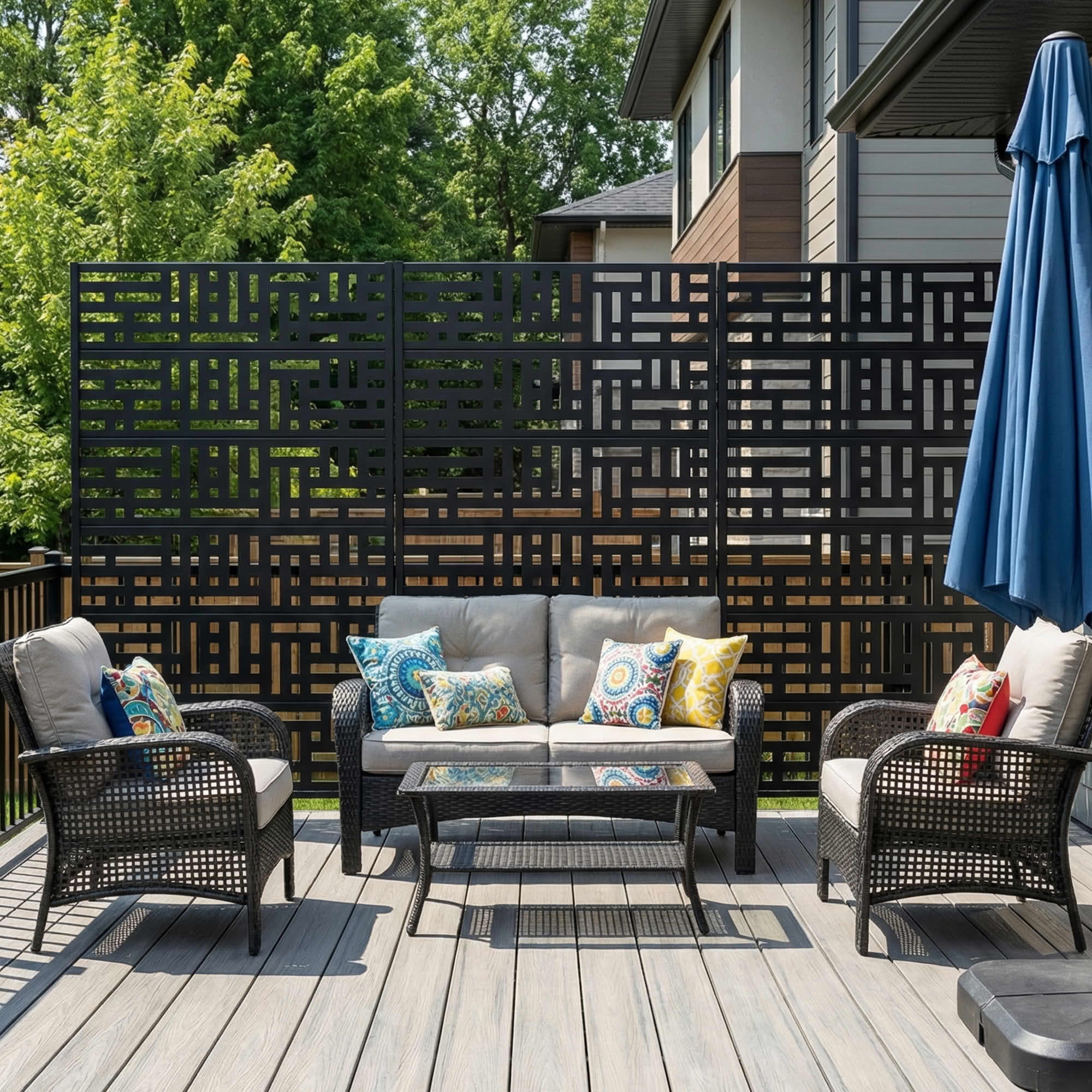 MAYEERTY 72"x47" Privacy Screen, Black Street Pattern 6-Panel Galvanized Steel Screen, Decorative Cutout Fence for Outdoor Patio Yard