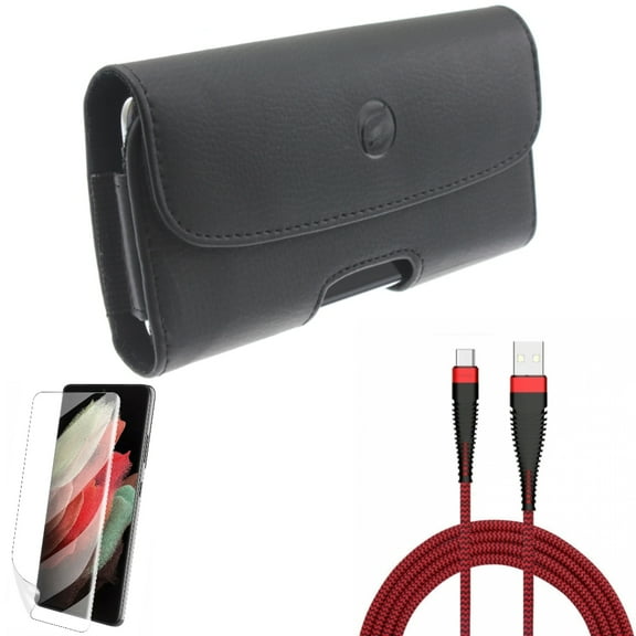 10ft USB Cable w Matte Screen Protector w Case Belt Clip for Samsung Galaxy S21 Plus - Type-C Charger Cord, TPU Film Anti-Glare, Leather Holster Accessory Bundle