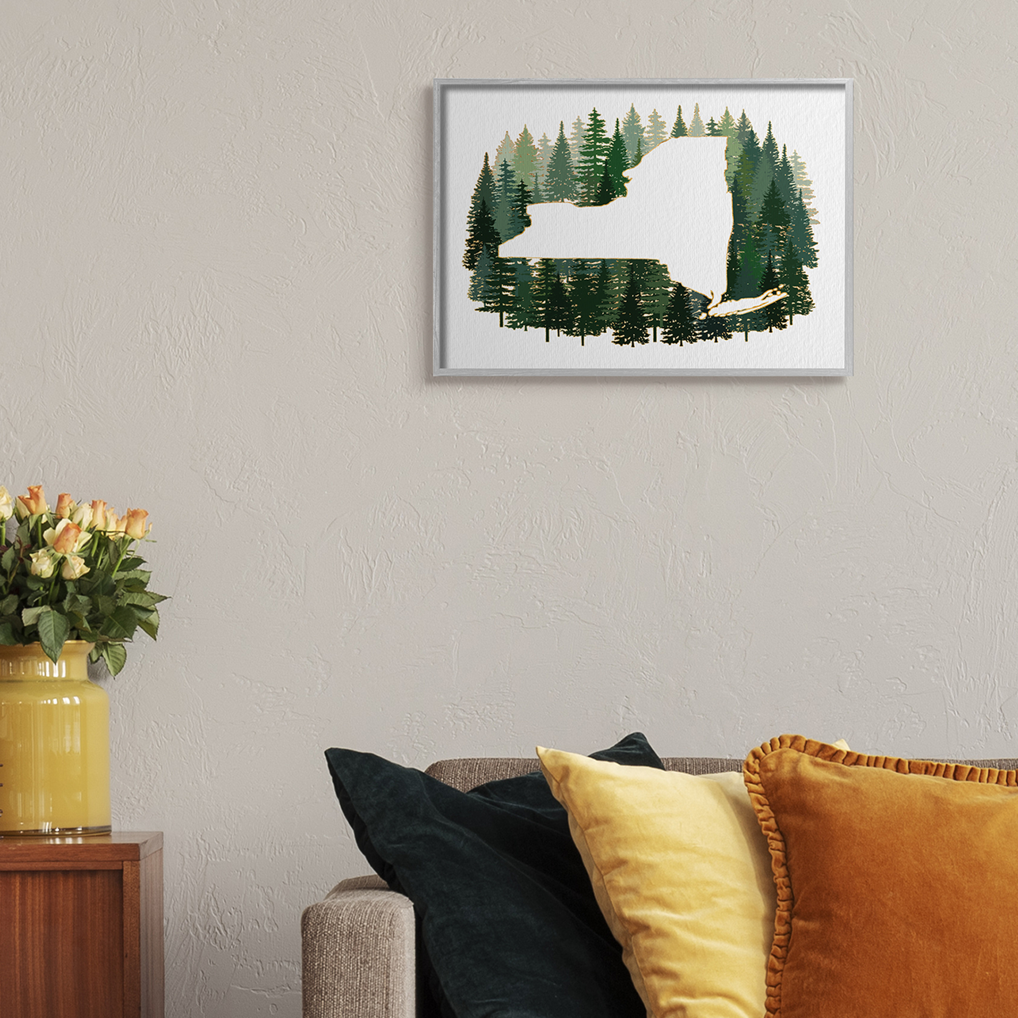 Stupell Industries New York State Outline Green Forest Pine Trees Town & City Painting Gray Framed Art Print Wall Art, 16 x 20