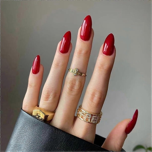 24Pcs French False Nails Short Almond Press on Nails Pure Color Natural Stick-on Nails Ballerina Nail Tips Glossy Acrylic Fake Nails Stickers for Wome