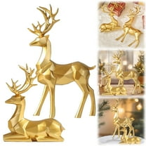 Gold Christmas Reindeer Figurines 2 Pcs, Resin Sitting & Standing Deer Statues for Tabletop, Fireplace, Entryway & Shelf Holiday Decor