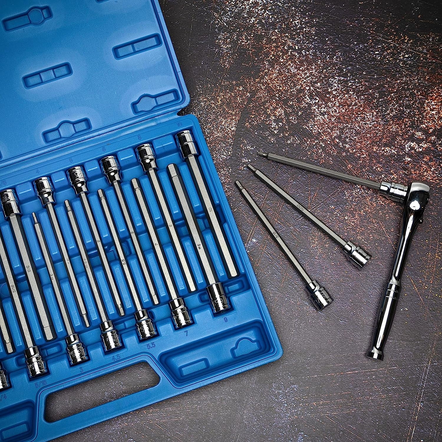 Neiko 10079A Extra Long Allen Hex Bit Socket Set, 18 Piece SAE and Metric Allen Socket Set, 3/8 Drive, 1/8" – 3/8 Inch & 3mm – 10mm, 6” Long Allen Hex Socket Bit Set, Allen Head Hex Key Socket Set …