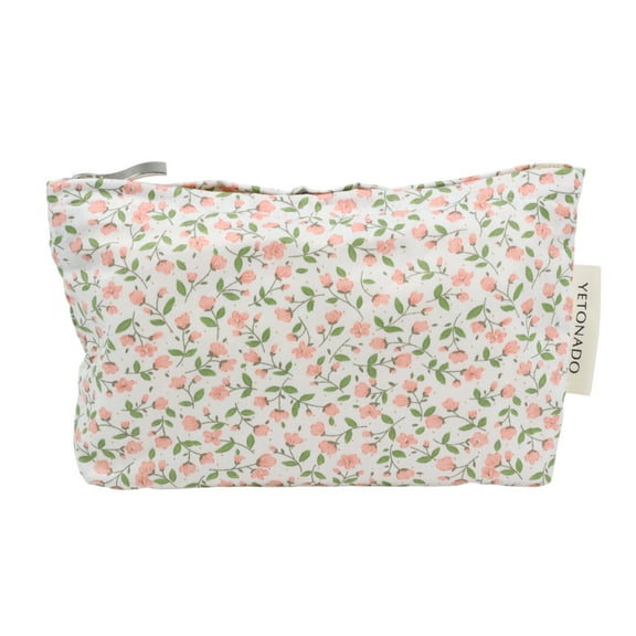 Unique Bargains 1 Pc Travel-friendly Small Leaf Floral Print Handheld Makeup Bag for Vacation Large Pink Cotton
