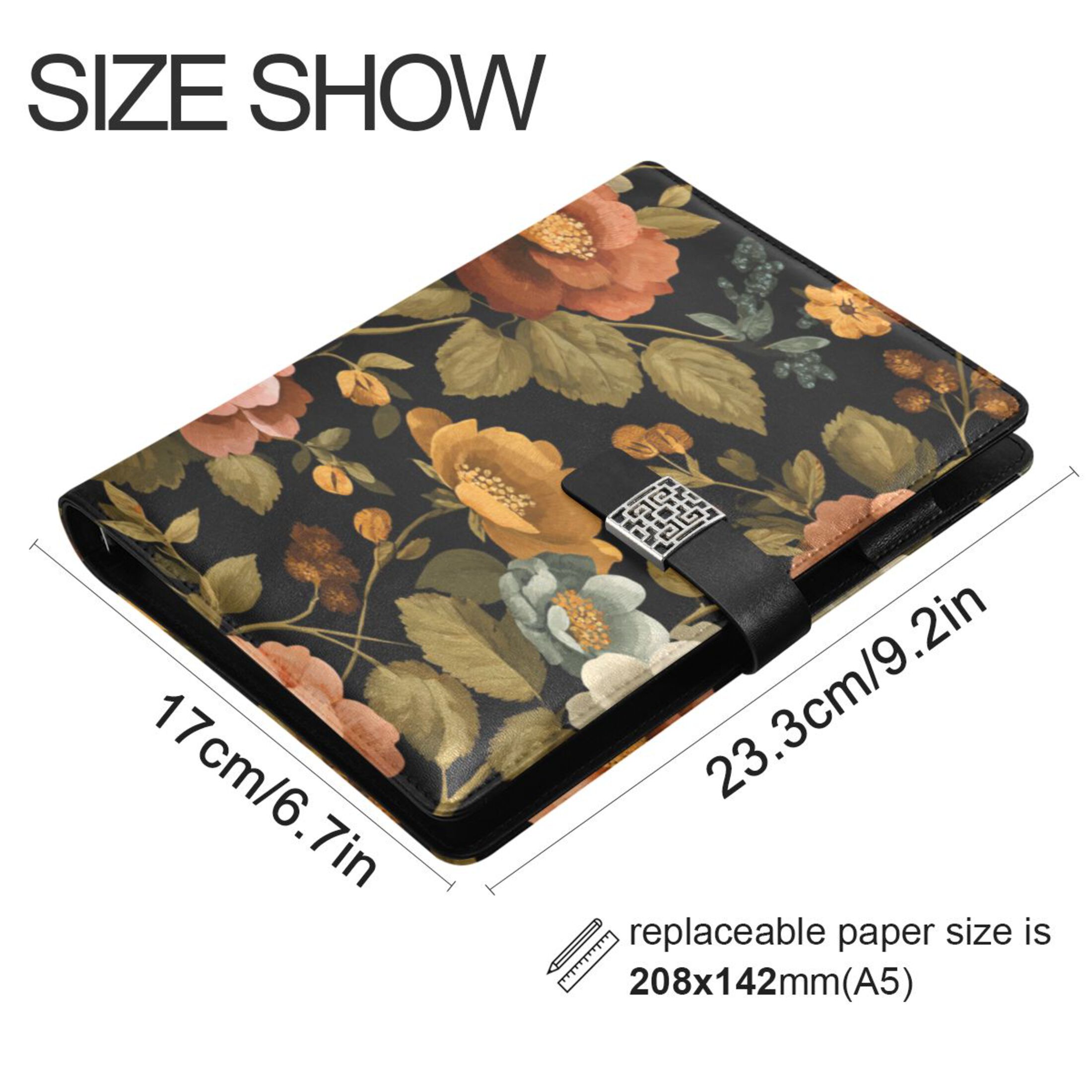 9.2x6.7 inch Leather Notebook 100 Sheets, Multi-Pocket Design & Pen Loop Vintage-inspired Floral Pattern Refillable Journal Organizer