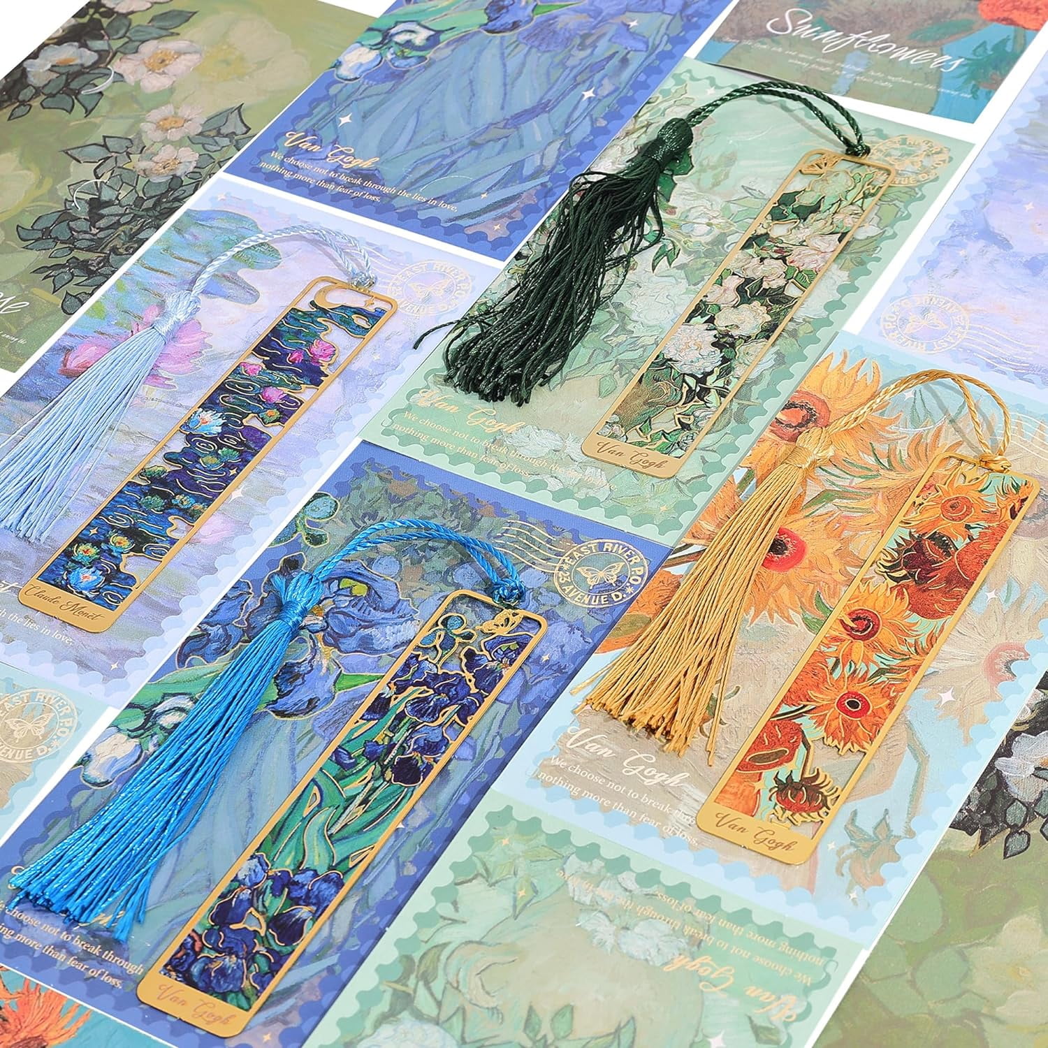 6-Piece Van Gogh & Monet Metal Bookmarks - Golden Hollow Art Theme Book Markers With Tassels