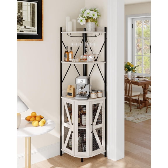 Ataujin 72in Corner Wine Cabinet with Power Outlet&LED Strip, Industrial Wine Cabinet 5-Tiers Liquor Cabinets Bar, Display Cabinets with Glass Holder