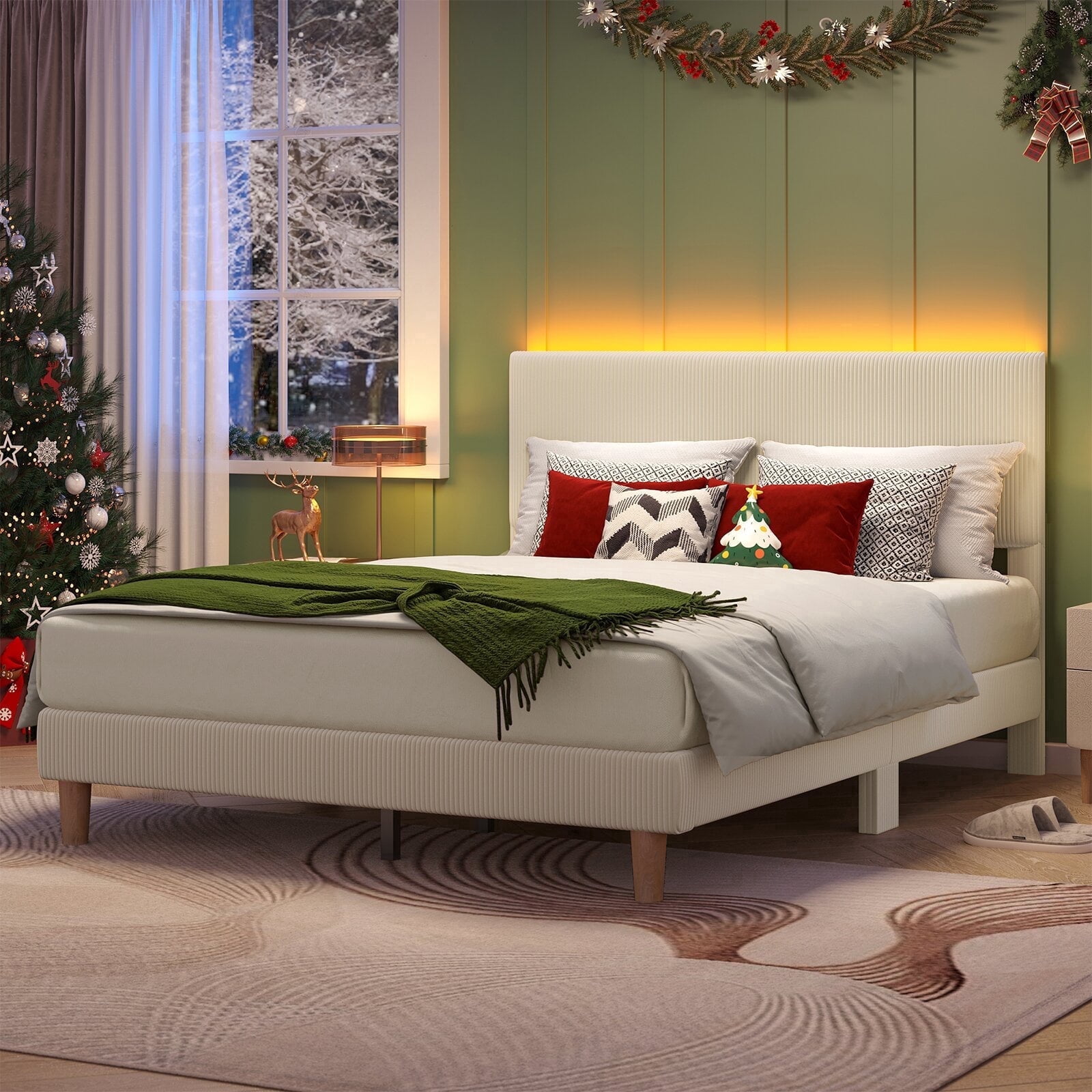 Bestier Corduroy Upholstered Queen Bed Frame with Adjustable Headboard, Platform Bed Frame with LED Light, Solid Wood Slats, No Box Spring Needed, Off White