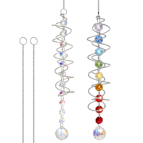 2 Pcs Crystal Suncatcher Outdoor Hanging Decor, 20.5 in Spiral Rainbow Maker with Gazing Ball for Garden and Window