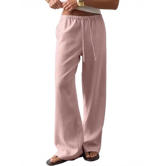 Women's Straight Wide Leg Linen Pants Drawstring High Waisted Casual Long Trousers with Pockets Pink L
