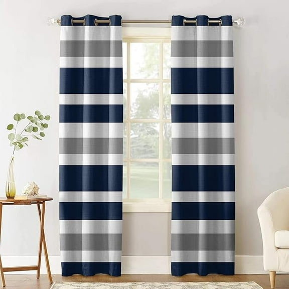 Classic Stripe Blue White Grey Pattern Blackout Curtains, 3D Printed Drapes, Window Curtains, Darkening Curtains With Top Grommet For Bedroom Living Room Windows 26"W x 45"L (Pack of 2)